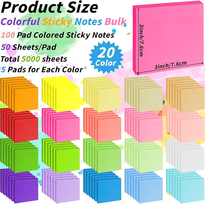100 Pack Sticky Notes 3x3 Inch Colorful Self Stick Note Pads | 20 Colors - Image 2