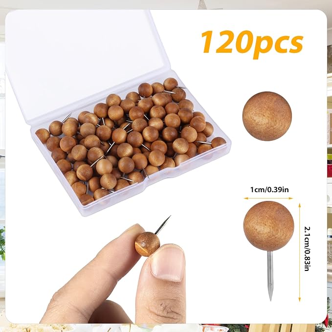SAVITA 120pcs Wooden Push Pins, Wood Push Pins Round Head Thumb Tacks - Image 2