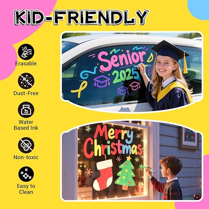 Jumbo Chalk Window Markers for Cars Glass Washable: 8 Colors Liquid Chalk Markers Pen with 10mm Wide Tip, Chalkboard Marker, Window Paint Marker for Car Window, Blackboard, Auto Windshield Decorations-DeskLoop Office