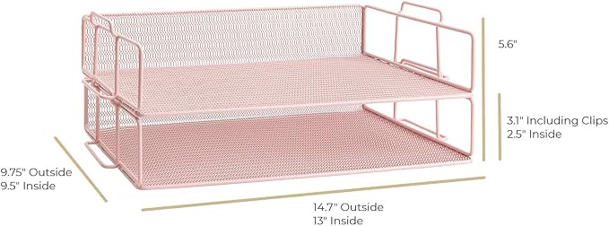 BLU MONACO | Paper Tray Stackable Pink Mesh Set of 2 | Stackable File Trays - Image 6