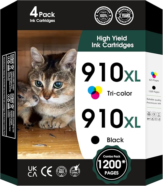 910 XL Ink Compatible with HP 910XL Ink Cartridges Combo Pack, 910XL Ink Cartridges for OfficeJet Pro 8010 8020 Series, Pro 8020, 8030 Series Printer 3JB41AN 4-Pack (BK/C/M/Y, 4 Pack)-DeskLoop Office