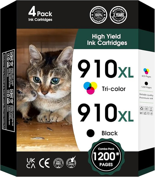 910 XL Ink Compatible with HP 910XL Ink Cartridges Combo Pack, 910XL Ink Cartridges for OfficeJet Pro 8010 8020 Series, Pro 8020, 8030 Series Printer 3JB41AN 4-Pack (BK/C/M/Y, 4 Pack)-DeskLoop Office