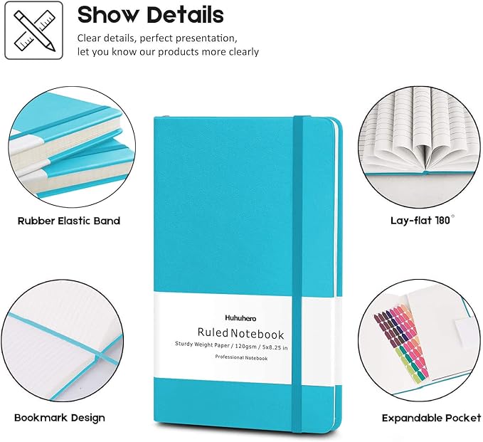 Huhuhero Notebooks Journal, Ruled Notebook, Premium Thick Paper Lined Journal, Black Hardcover Notebook for Office Home School Business Writing Note Taking Journaling, 5"×8.25" (5, Teal)-DeskLoop Office