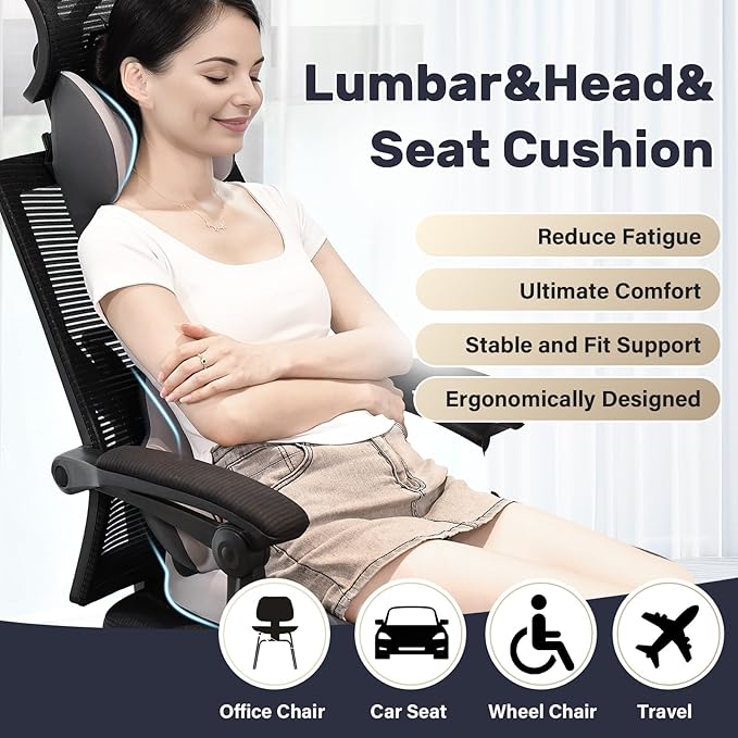 Coverado Seat Cushion and Lumbar Support Headrest Pillow for Car Office Chair, Ergonomic Memory Foam Chair Cushion Back Neck Support Pillow, Sciatica & Back & Tailbone Pain Relief Cushion-Bgray-DeskLoop Office