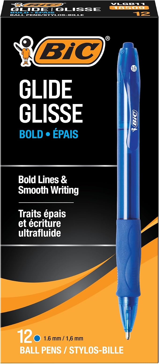 BIC Glide Bold Blue Ballpoint Pens, Bold Point, 12-Count Pack, Retractable by BIC