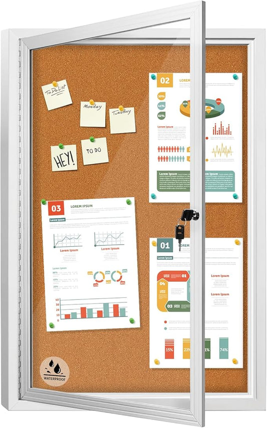 Lockable Outdoor Enclosed Bulletin Board, Weatherproof Cork Noticeboard with Locking Door, Wall-Mounted Aluminum Framed Display Case for Messages,36x24in (5xA4)-DeskLoop Office