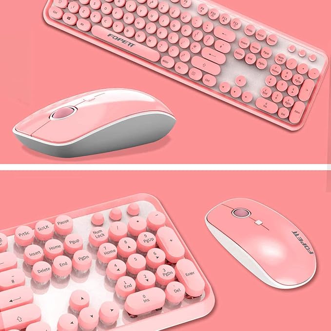 FOPETT Wireless Keyboard and Mouse Combo, 104 Keys Full-Sized 2.4 GHz Round Keycap Colorful Keyboards, USB Receiver Plug and Play, for Windows, Mac, PC, Laptop, Desktop (Pink)-DeskLoop Office