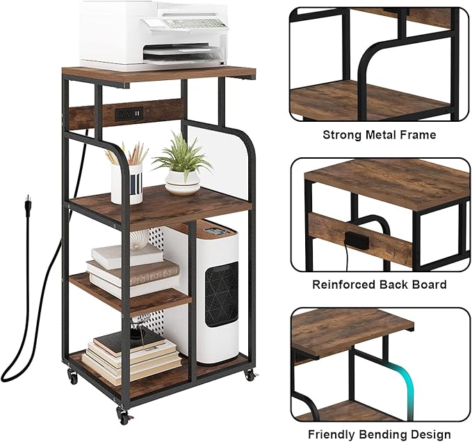 VEDECASA Large Printer Stand Cart with Charging Station USB Port 21.2"x15.7"x42.3" Tall 3-Tier Adjustable Shelf Storage Home Office Rolling Stand with Wheels-DeskLoop Office