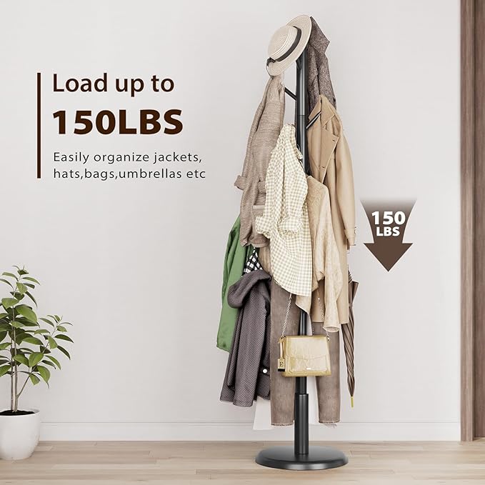 Solid Wood Coat Rack Freestanding Coat Tree with 10 Hooks for Bedroom, Livingroom, Entryway, Sturdy Coat Hanger Stand for Hats, Coats, Scarves, Handbags, Purses-DeskLoop Office