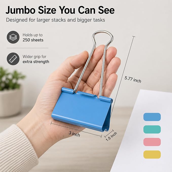 32 Pack Jumbo Binder Clips 3 Inch, Extra Large Binder Clips in 4 Colors - Image 2