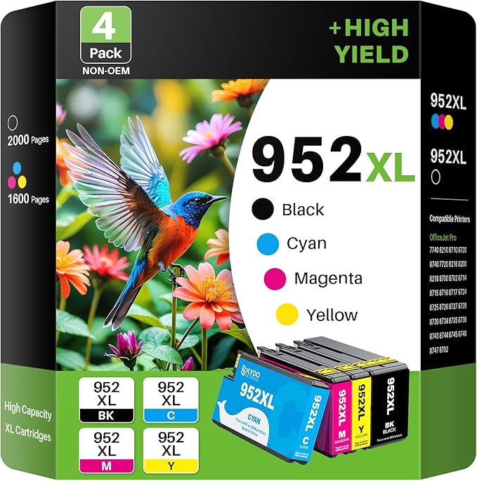 Compatible 952XL Ink Cartridges Combo Pack Replacement for 952 952XL 952 XL Ink Cartridges Color Use with Officejet Pro 8720 8702 8710 7740 7720 8725 8715 8210 8740 (4 Pack, BK/C/M/Y)-DeskLoop Office