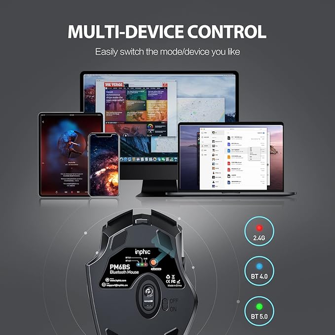 INPHIC Multi-Device Bluetooth Mouse, Upgraded Visible Battery, 2400 DPI, Silent Ergonomic Computer Wireless Mouse for Laptop, Mac, PC etc.-DeskLoop Office