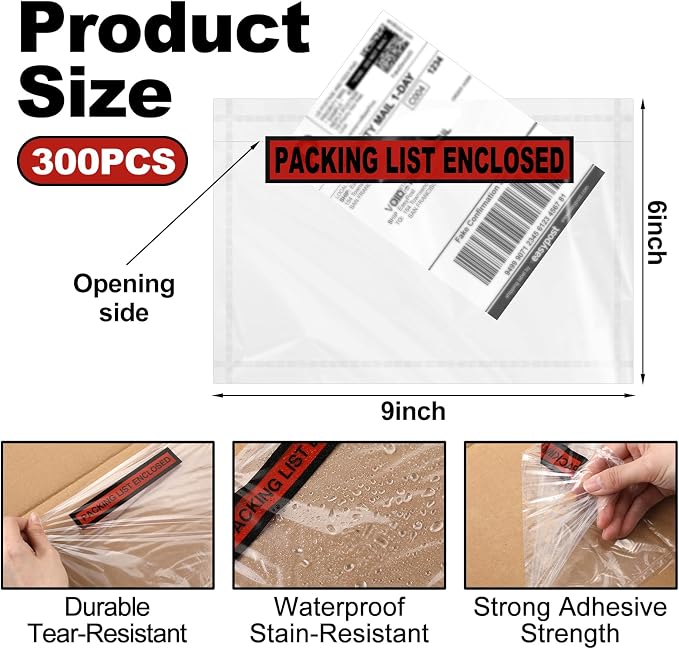 Teling 300 Pcs Packing Slip Envelope Pouches Clear Self Adhesive Shipping Label - Image 2