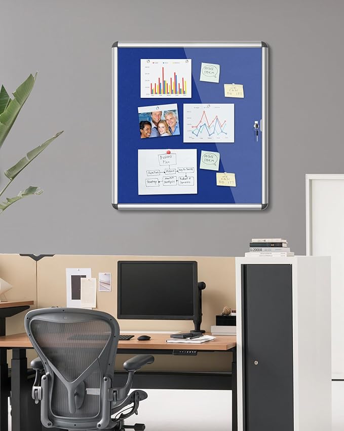 28"x26" Enclosed Bulletin Board, Lockable Weather-Resistant Aluminum Cork Noticeboard for School & Office, Silver Frame w/Blue Flet-DeskLoop Office