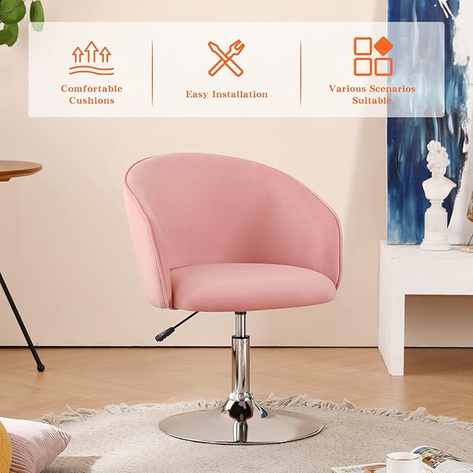 Furnimart Velvet Vanity Chair with Chrome Frame, Height Adjustable & Swivel, Pink - Living Room, Bedroom, Office-DeskLoop Office