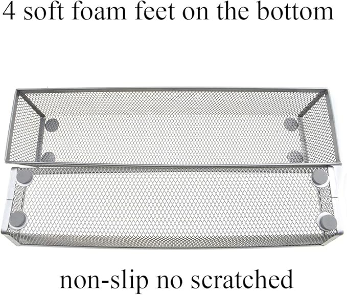 HAHIYO Stackable Mesh Tray Cup 12 x 3 x 2 inches Sturdy Container for Desk Drawer Organizer Collection for Home Office School kitchen Soft Foam Feet No Sharp Edges 2 Pack Silver-DeskLoop Office