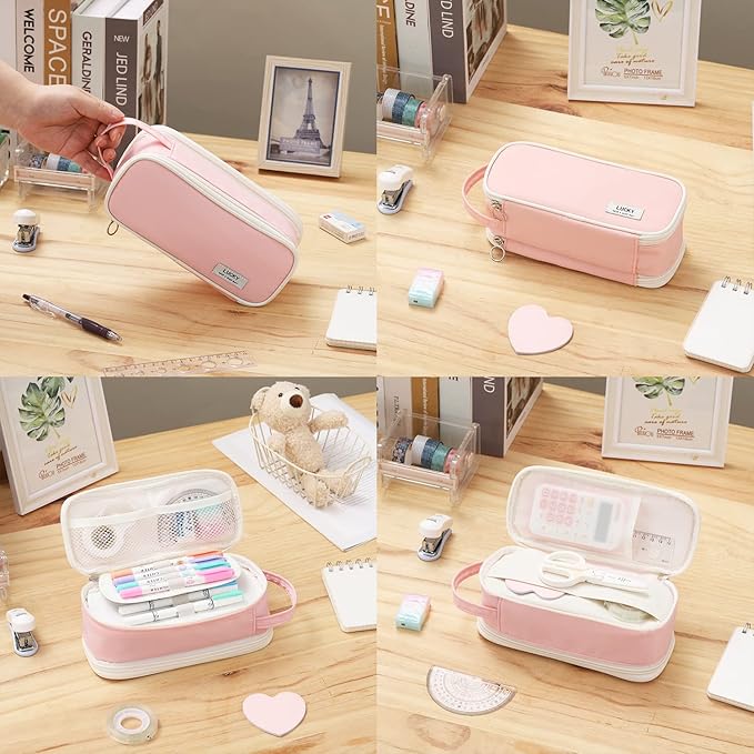 Dugio Big Pencil Case for Girls Teens Kids Zipper Pencil Pouch with Handle Organizer Pencil Bag Aesthetic Pencil Box for School Pink-DeskLoop Office