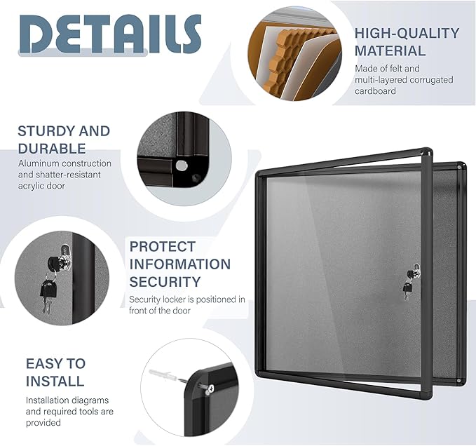 Enclosed Bulletin Board Lockable Display Case Message Board with Locking Door for Indoor, Grey Felt, Black Aluminum Frame, 28 X 26 in-DeskLoop Office