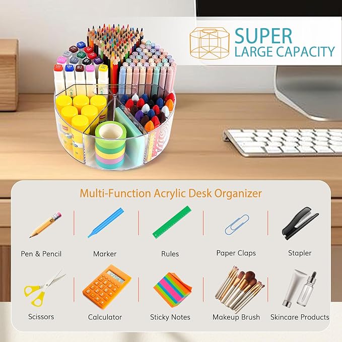 Large Acrylic Pen Holder for Desk, 6 Slots 360-Degree Rotating Pencil Holder Marker Organizer for Kids, Caddy Art Supply Organizer Crayon Organizers for Office School-DeskLoop Office