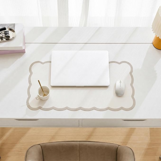 Scalloped Desk Mat, 23.6" x 11.8" Cute Small Beige Sand Aesthetic Desk - Image 3