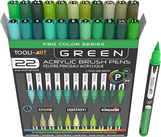 22 Flexible Brush Tip Acrylic Paint Pens Markers Set 1-7mm Line for Rock Painting, Brush Lettering, Glass, Mugs, Wood, Metal, Canvas, Fabric, Plastic. Non Toxic Waterbased Quick Drying Assorted Green-DeskLoop Office