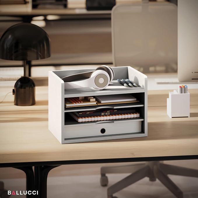 Ballucci File Organizer, 4-Tier Office Desk Organizer, Open Top Wood Paper - Image 3