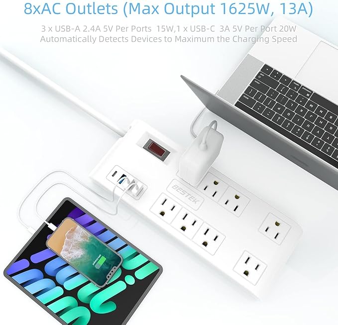 BESTEK 8 AC Outlet, 5 Feet Extension Cord Power Strip with 3 USB-A 2.4A 1USB-C 3A, MAX Output 1625W 13A, 600Joule, Ultra-Compact Wide Spaced Outlet for Large Plug-DeskLoop Office