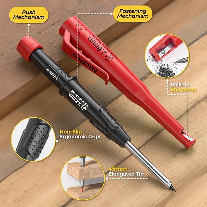 Nicpro Carpenter Pencil with Sharpener, CP3000 Carpenter Mechanical Pencils - Image 2