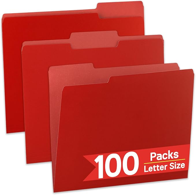 VZCPYTPM 100 Pack Red File Folder, 1/3-Cut Tabs, Paper File Folders Letter Size by OfficeSuppliesDirect