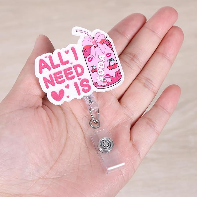 All I Need is Soda Funny Nurse Badge Reel, Cute Pink Bow Cherry Retractable ID - Image 4