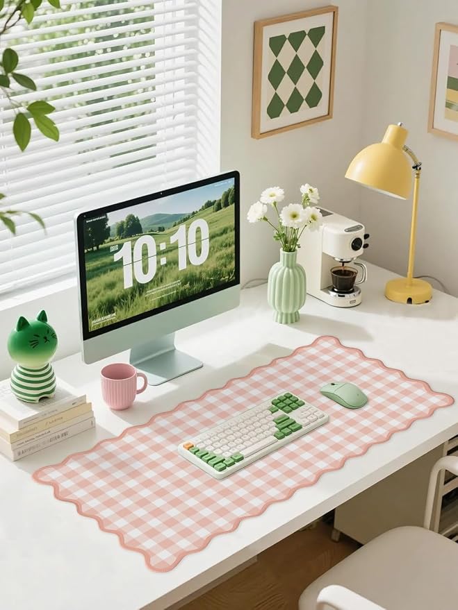 Scalloped‌ Pink Checkered Gingham Desk Mat Cute Pastel Large Mouse Pad Kawaii - Image 2