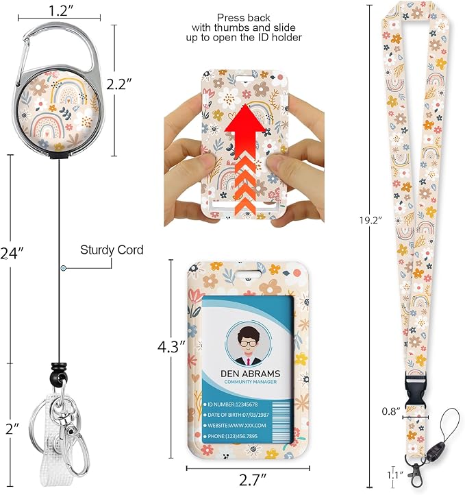Piefly Lanyards for Id Badges, Boho Flowers Rainbows Badge Holder - Image 5