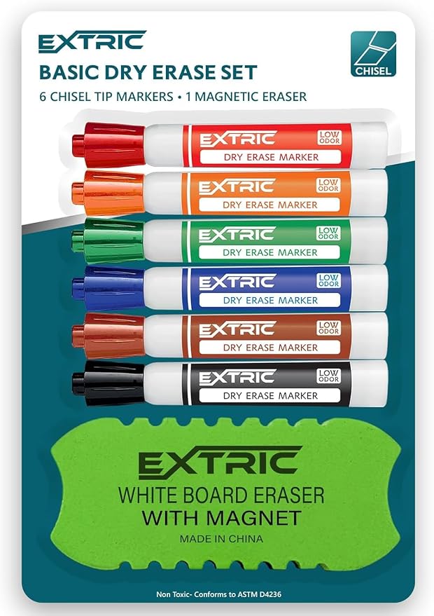 EXTRIC Dry Erase Markers with Eraser Chisel Tip 6 PK Whiteboard markers by EXTRIC