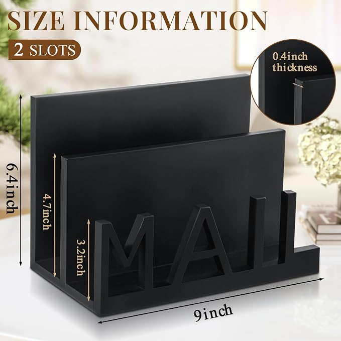 Vercraft 2 Slot Mail Organizer Holder Countertop Wooden Mail Black Letter Holder - Image 2