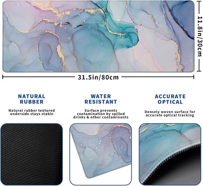 Teal Marble Mouse Pad Abstract Marble Mouse Pad 31.5x11.8 Inch Texture Non-Slip - Image 3