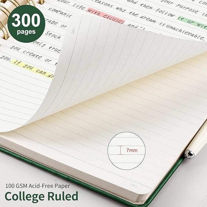EMSHOI A4 Leather Hardcover Spiral Notebook College Ruled, 300 Numbered Pages, 100 GSM Thick Paper - Premium Lined Journal for Writing, Note-Taking, Work & Journaling; 8.27"x11.2", Dark Green