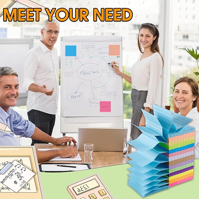 14 Pads Pop Up Sticky Notes,1400 Sheet Lined Sticky Notes 3x3 Inch,Self-Stick Notes Pads with Lines,Bright Multi Colors Easy Post Notes Pop up Refill for Office Study School Daily Life,100 Sheets/Pad-DeskLoop Office
