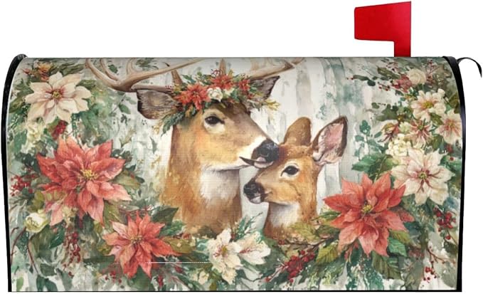 Xmas Deer Flowers Welcome Magnetic Mailbox Cover, Christmas Mailbox Wrap by Ouqiuwa