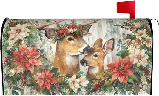 Xmas Deer Flowers Welcome Magnetic Mailbox Cover, Christmas Mailbox Wrap by Ouqiuwa