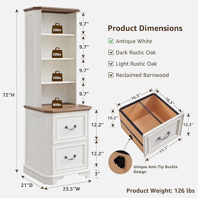 T4TREAM 6-Tier Bookcase with 2 File Drawers, 72" Tall Farmhouse Bookshelf with Storage & Adjustable Shelves, Wooden Floor Standing Display Book Shelf Organizer for Home Office, Antique White-DeskLoop Office