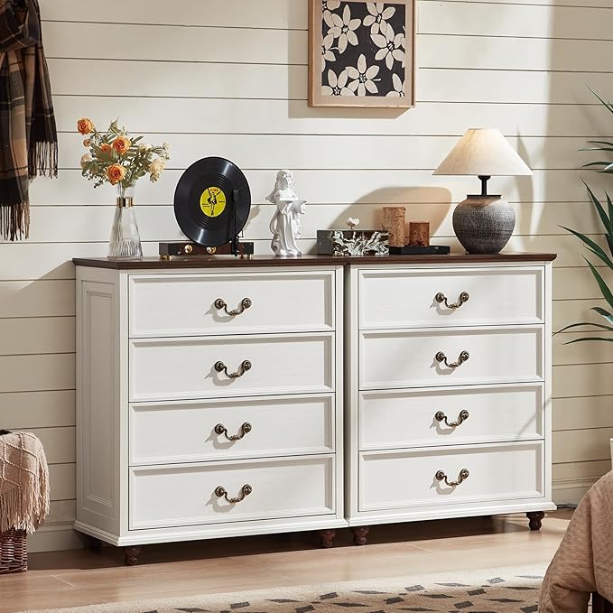 Farmhouse 4 Drawer Dresser Set of 2 for Bedroom, 37" Tall Rustic Chests of Drawers w/ 4 Solid Wood Feet, Mid Century Vintage Wooden Closet Storage Dressers Organizer for Living Room, White-DeskLoop Office
