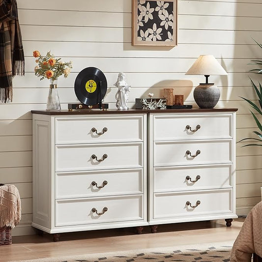 Farmhouse 4 Drawer Dresser Set of 2 for Bedroom, 37" Tall Rustic Chests of Drawers w/ 4 Solid Wood Feet, Mid Century Vintage Wooden Closet Storage Dressers Organizer for Living Room, White-DeskLoop Office