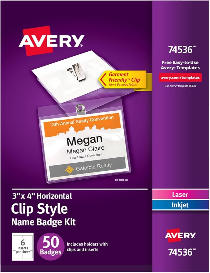 Avery Customizable Name Badges, Clip Style, 50 Total by Avery