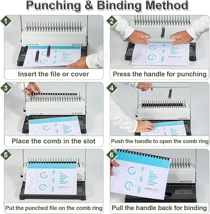 HOUYEE Manual Comb Binding Machine,19 Holes, 450 Sheets,Paper Punch Comb Binder Machine with 50 PCS 1/2" Comb Binding Spines, Fit for Letter Size Paper-DeskLoop Office