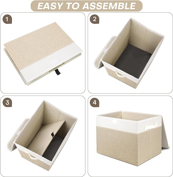 Large 22 Quart Linen Fabric Foldable Storage Bin Cube Organizer Basket with Flip-Top Lid & Handles, Clothes Blanket Box for Home, Office, Closet, Beige & White, 4 Pack 14.6 x 9.5 x 9.5”-DeskLoop Office