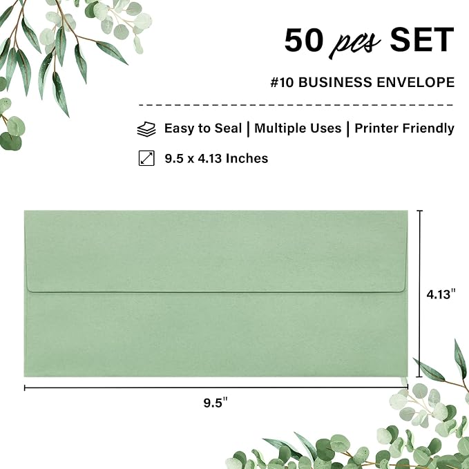 50 Pack #10 Business Envelopes, Self Seal Standard Sage Green Envelopes - Image 2