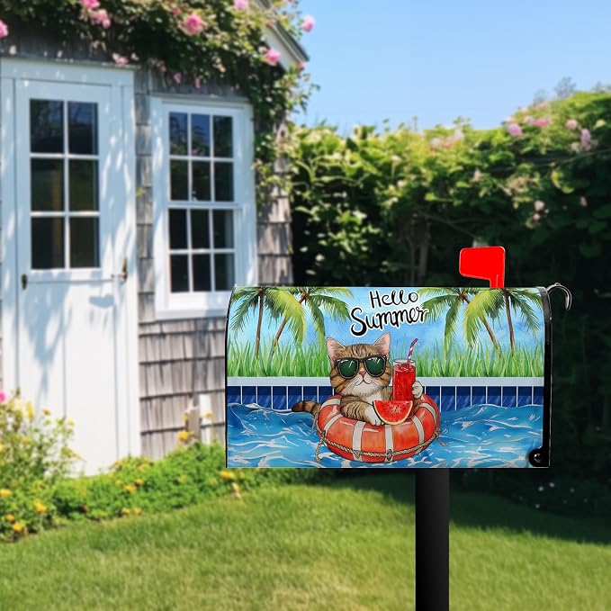 Hello Summer Funny Cat Mailbox Covers Magnetic Tropical Plants Watermelon - Image 2