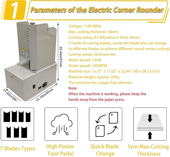 Electric Corner Rounder Machine 50mm Capacity Round Corner Cutter with Safety Guard & Foot Pedal 7PCS Blades R3-R9 Commercial Corner Rounding for Documents Certificates Books Packaging-DeskLoop Office