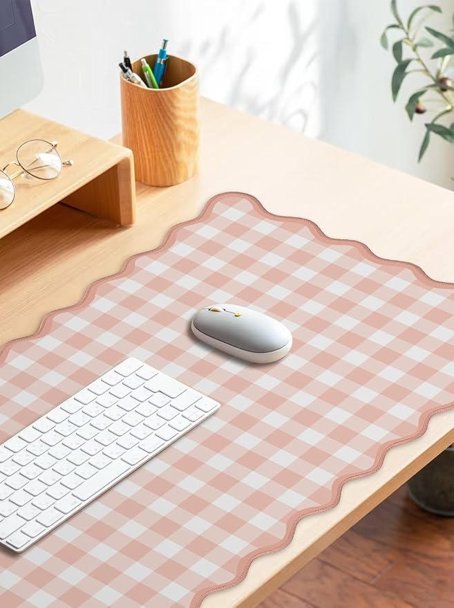 Scalloped‌ Pink Checkered Gingham Desk Mat Cute Pastel Large Mouse Pad Kawaii - Image 3