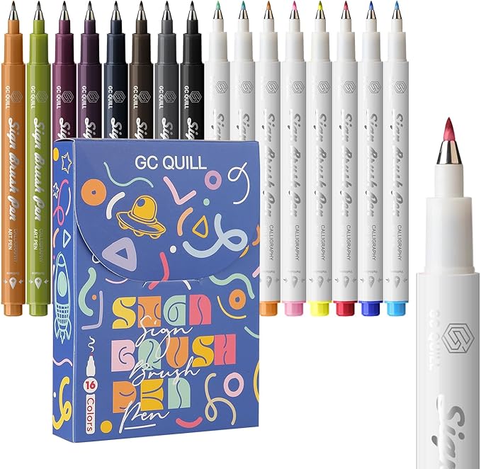 GC QUILL Fudenosuke Brush Pen - 16 Colors Calligraphy Brush Pens for Hand Lettering, Calligraphy, Drawing, Writing, Journaling GC-SB16-DeskLoop Office